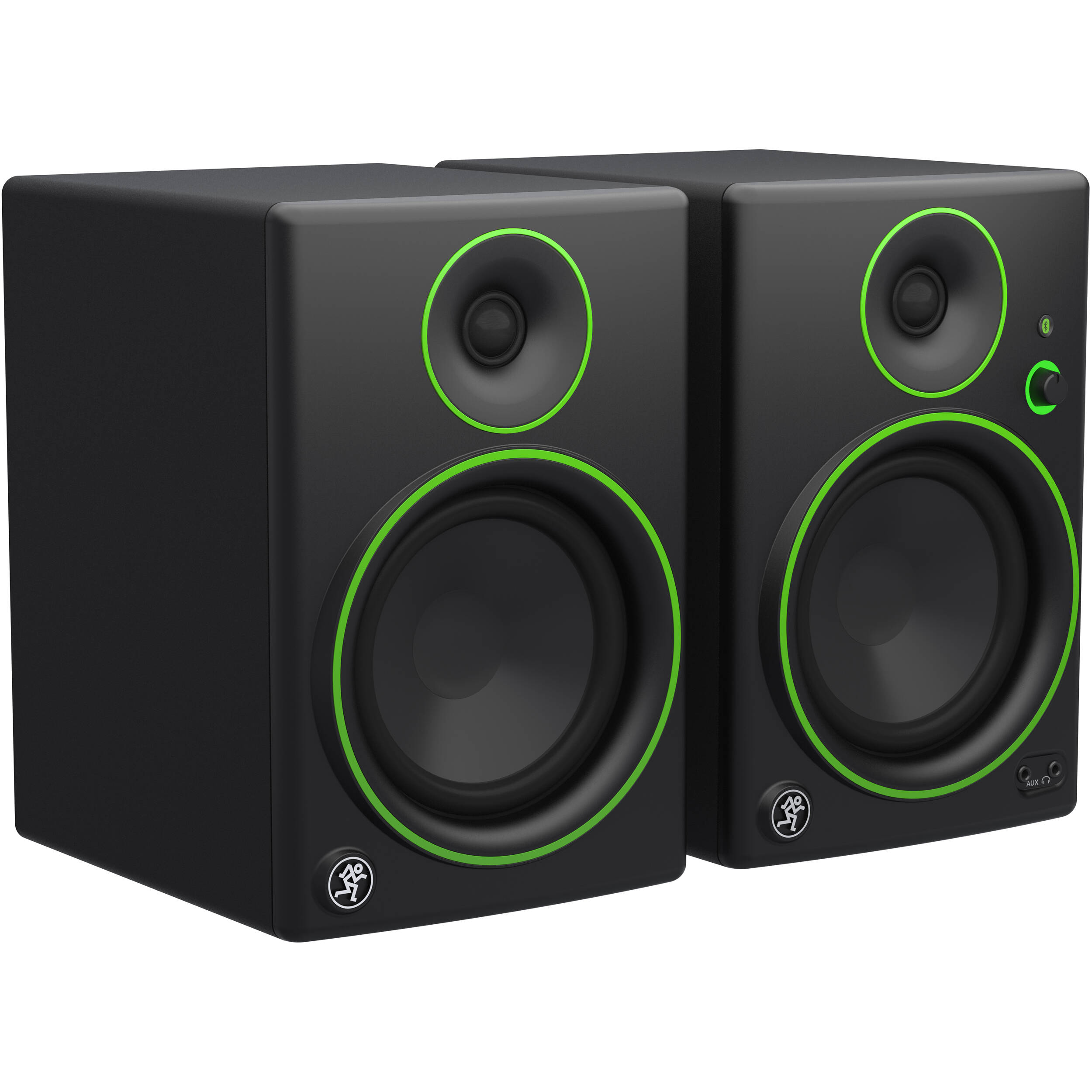 Mackie CR5BT desktop speakers with black finish, compact design, and control knobs on the front, ideal for studio or home use