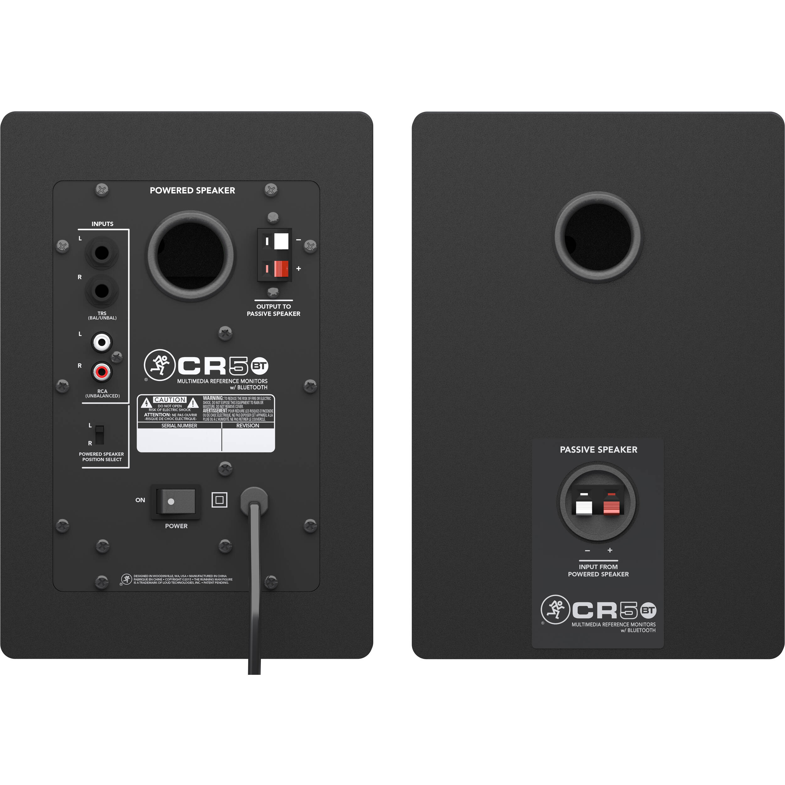 Mackie CR5BT desktop speakers with black finish, featuring control knobs and audio input ports, designed for home or office use.
