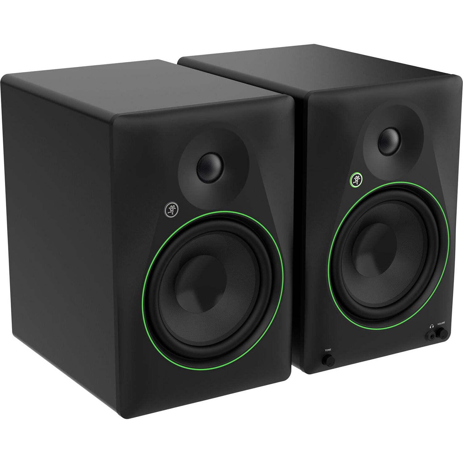Mackie CR8BT desktop speakers with black finish and control knobs, designed for studio or home audio setup.