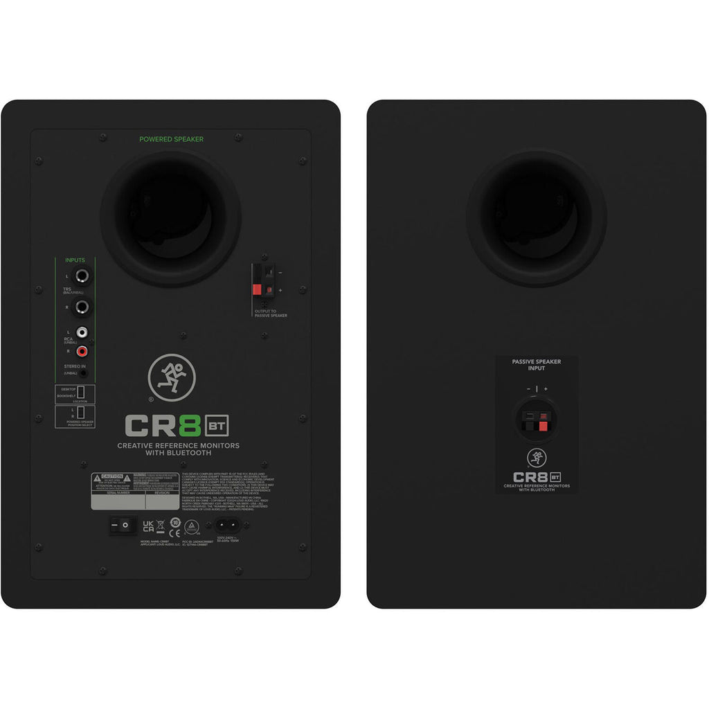 Mackie CR8BT desktop speakers with black finish, featuring adjustable controls and Bluetooth connectivity for high-quality audio.
