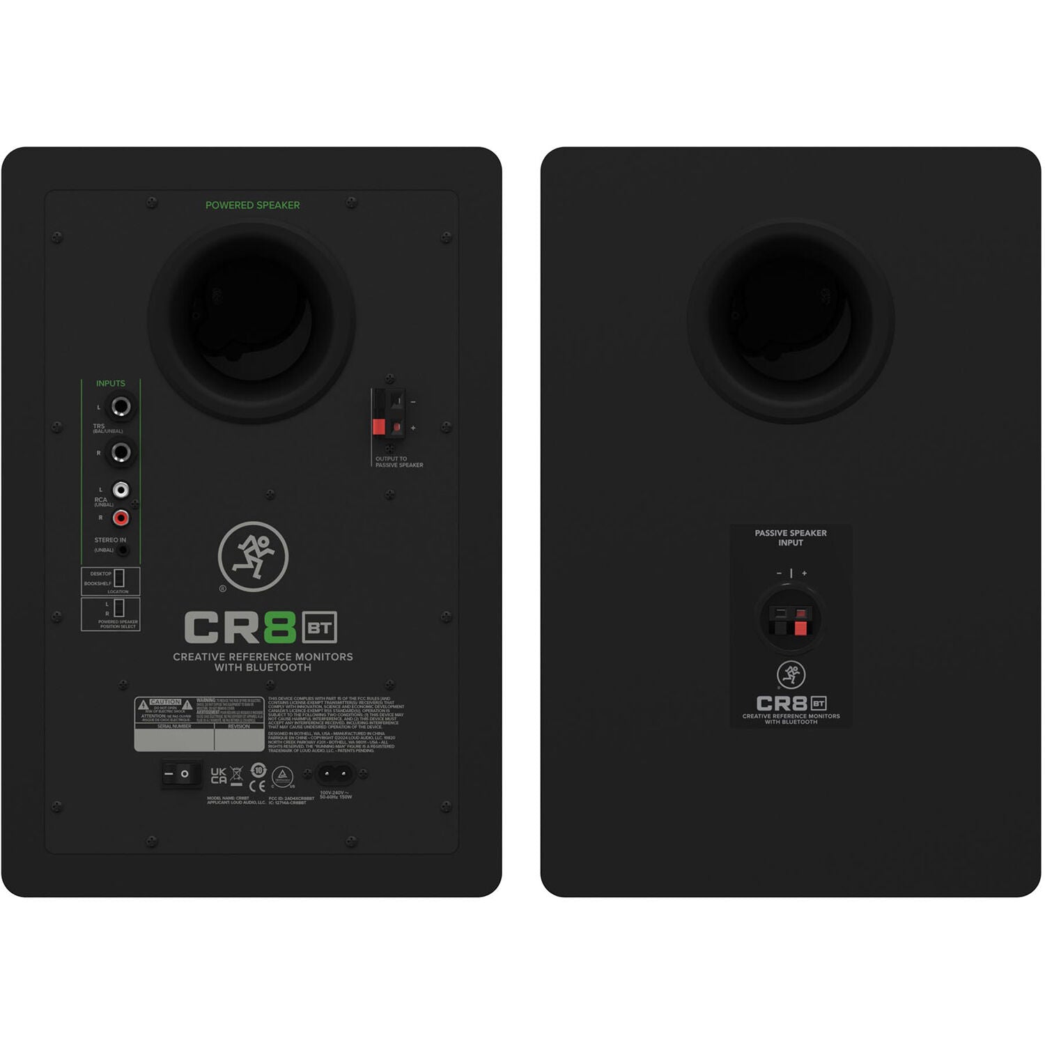Mackie CR8BT desktop speakers with black finish, featuring adjustable controls and Bluetooth connectivity for high-quality audio.