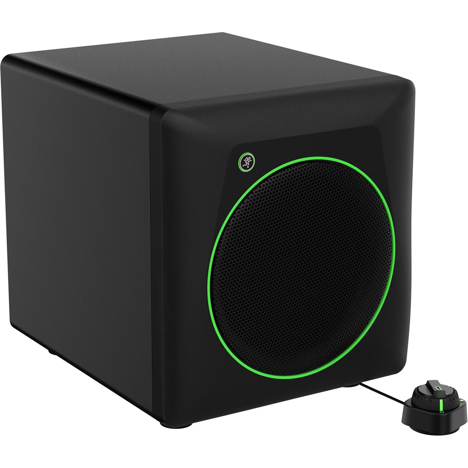 Mackie CR8SBT powered subwoofer with Bluetooth connectivity, black speaker with control knobs and audio ports on the back.