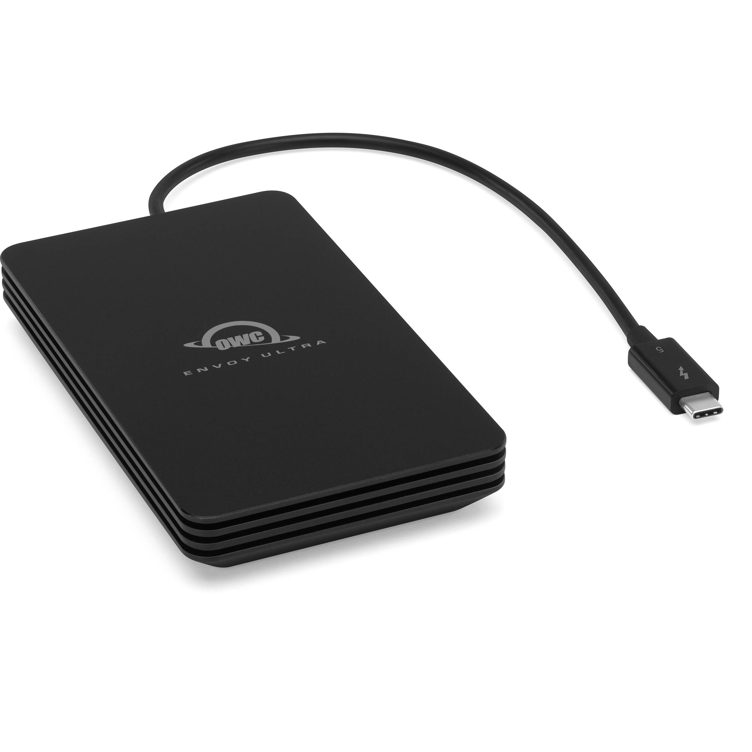 OWC Envoy Ultra SSD external drive with sleek black casing and USB-C connection, designed for fast data storage and transfer.