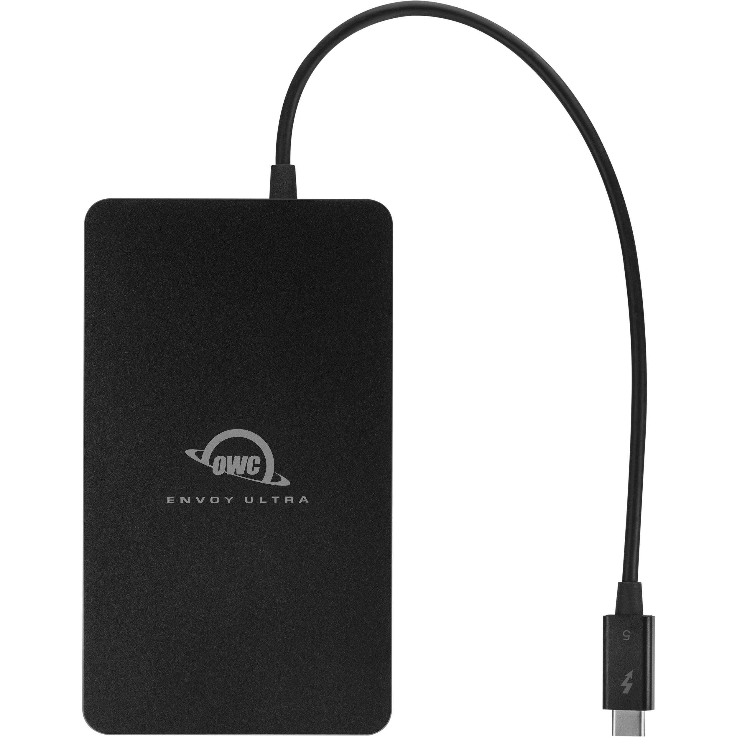 OWC Envoy Ultra SSD external drive with sleek black casing and USB connection, designed for fast data transfer and storage.