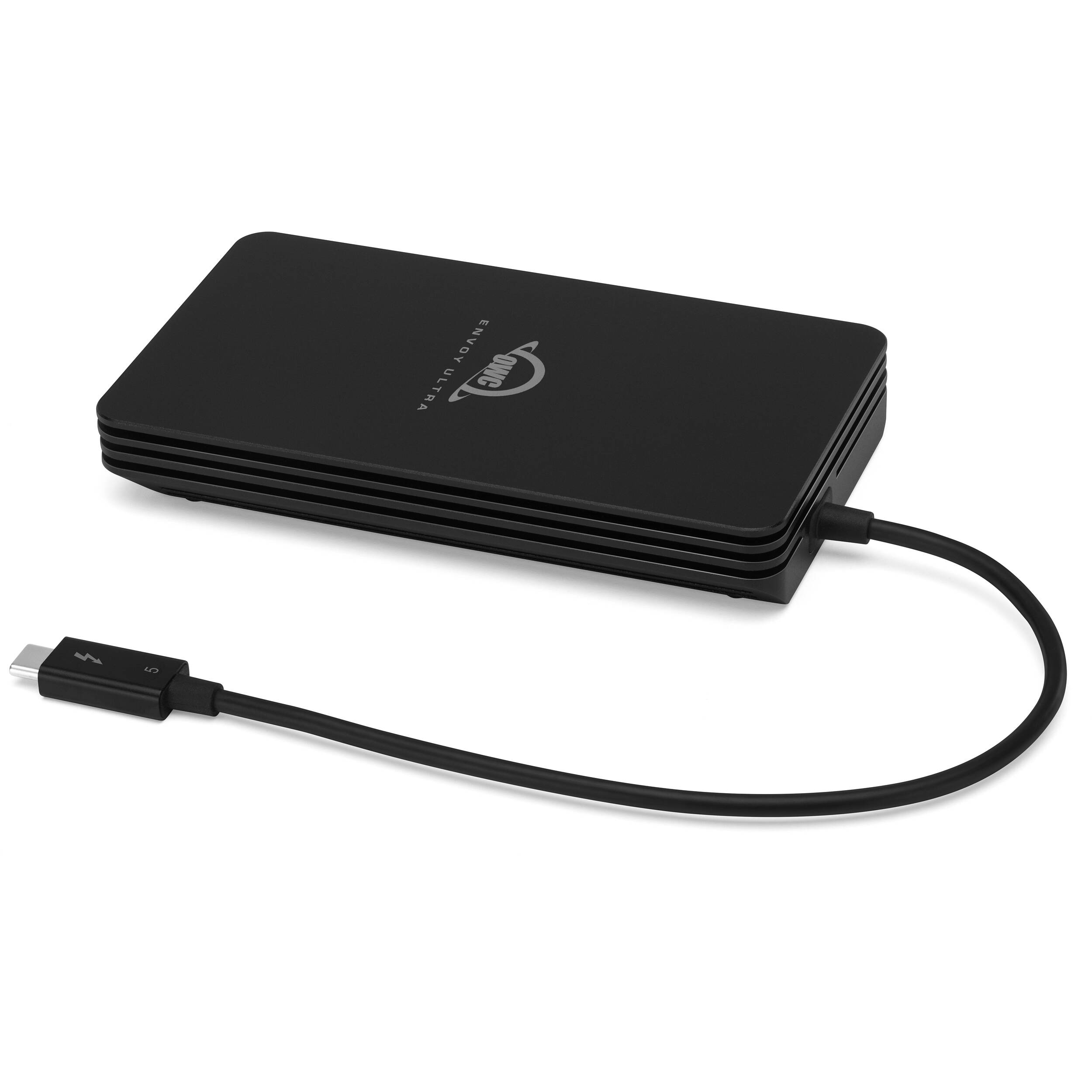 OWC Envoy Ultra SSD external drive with sleek black enclosure and USB-C connection for fast data transfer.