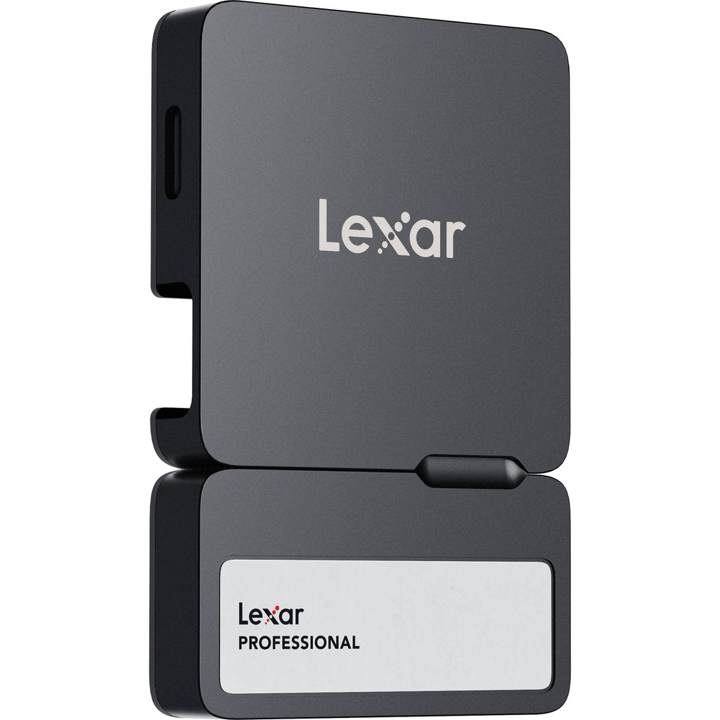 Lexar Go Portable SSD external drive with hub, sleek black design, connected to a computer with cables visible