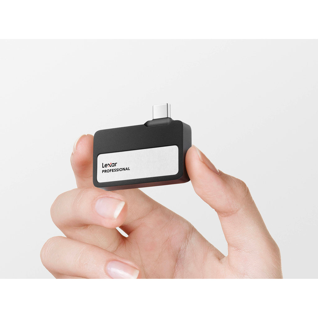 Lexar Go Portable SSD external drive with sleek black design, USB-C port, and compact size for fast data storage and transfer.