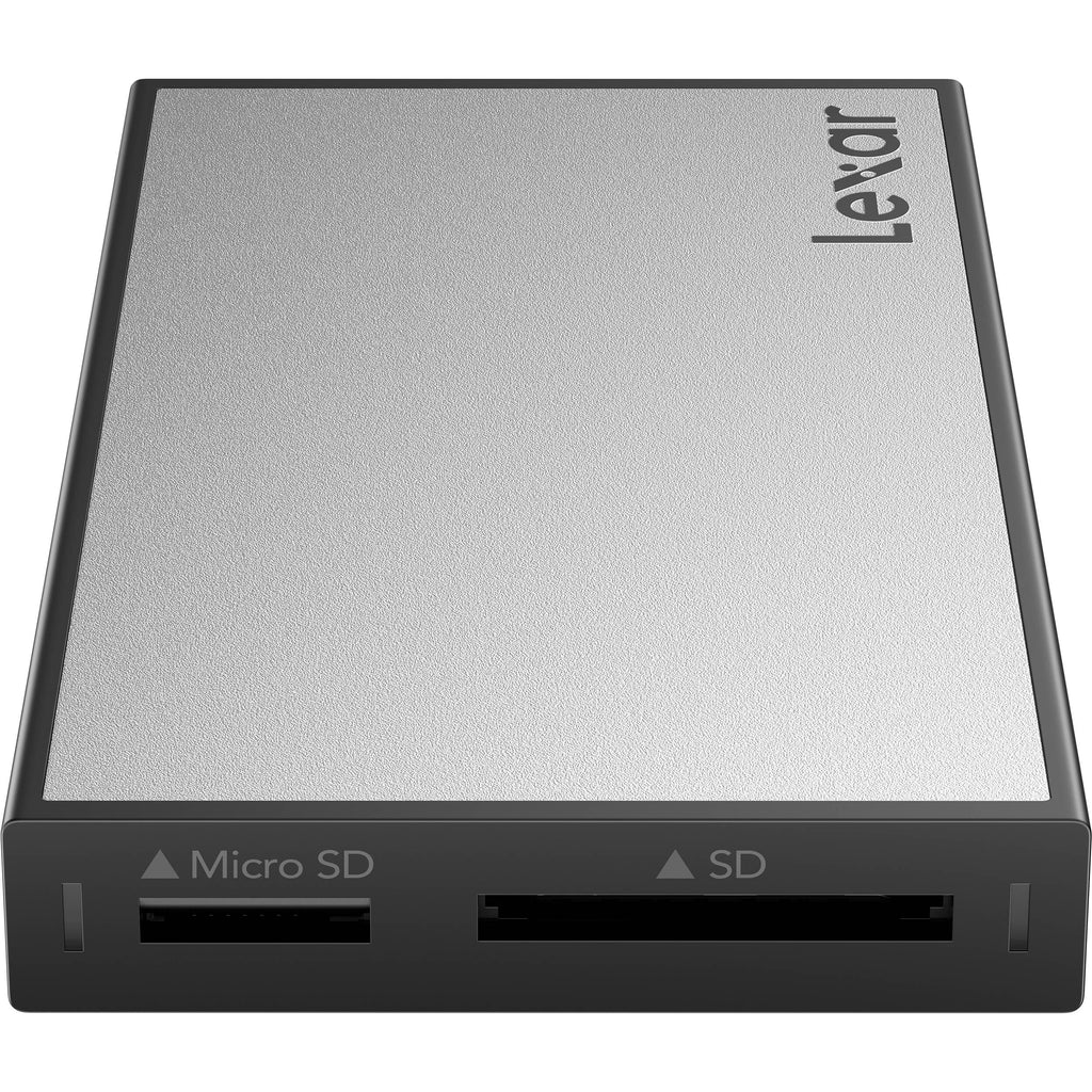 Lexar Workflow SD and microSD UHS-II card reader connected to a computer for fast data transfer and storage.