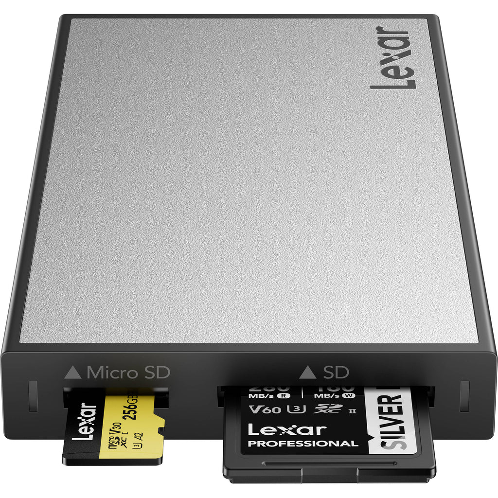 Lexar Workflow SD and microSD UHS-II card reader connected to a computer, showing multiple memory cards inserted for data transfer.