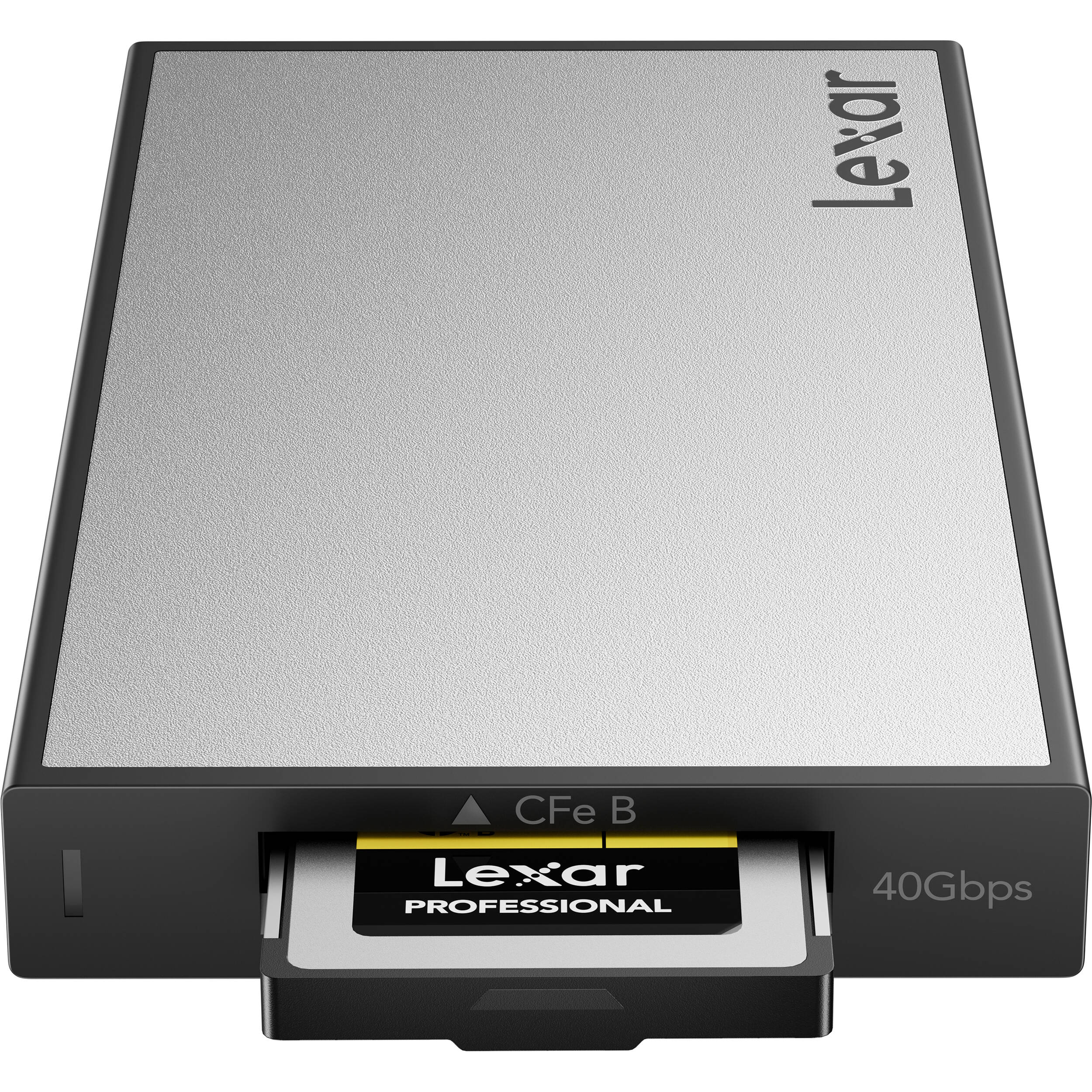 Lexar Workflow CFexpress 4.0 Type B card reader connected to a computer, showcasing a professional data transfer device.