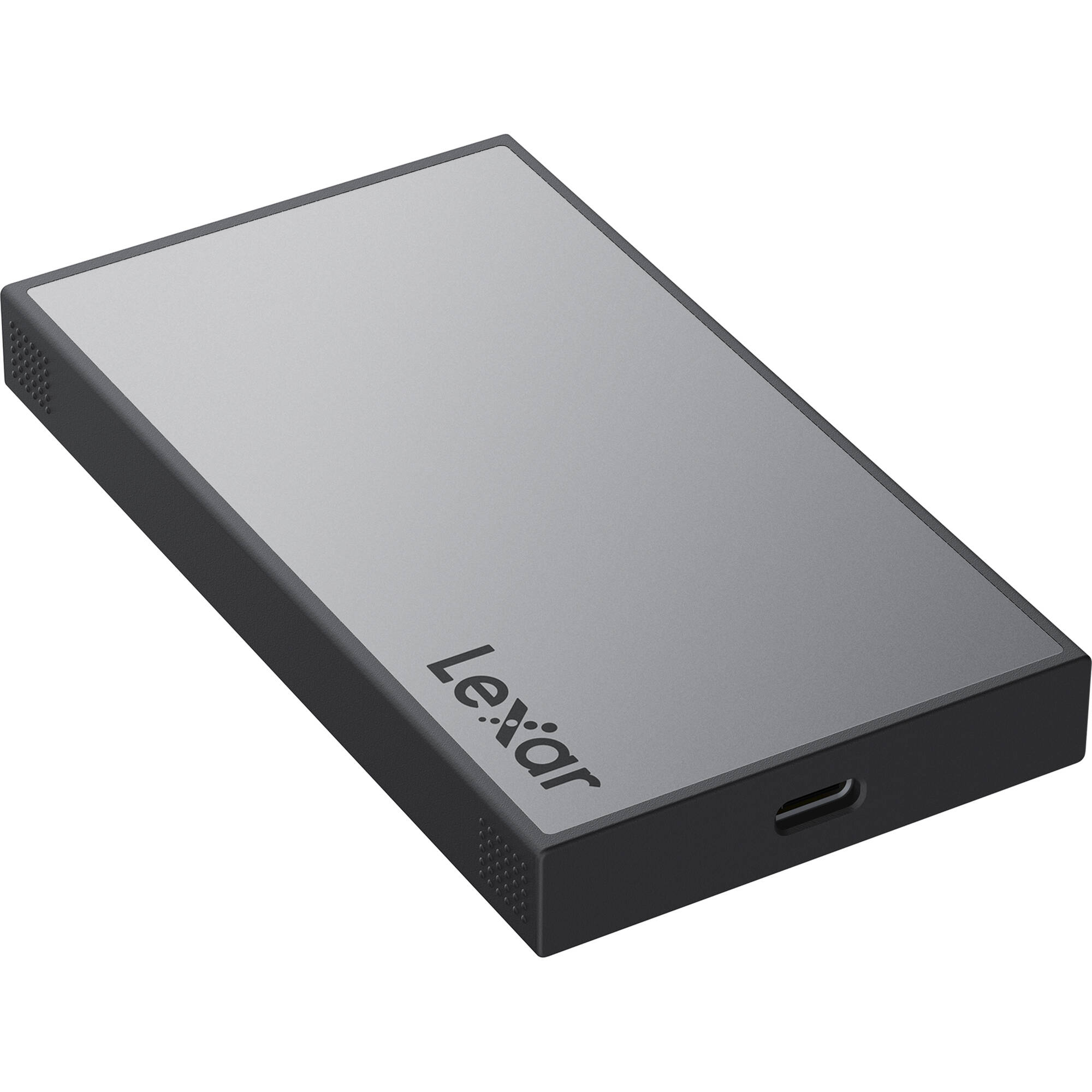 Lexar Workflow Portable SSD external drive with sleek black casing and USB connection for fast data transfer.