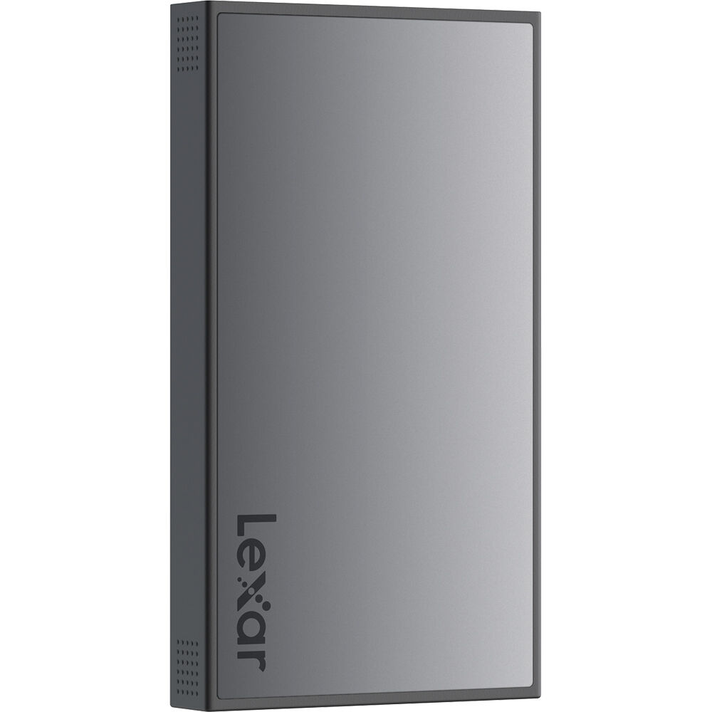 Lexar Workflow Portable SSD external drive with sleek black design, USB connection, and compact storage capacity.