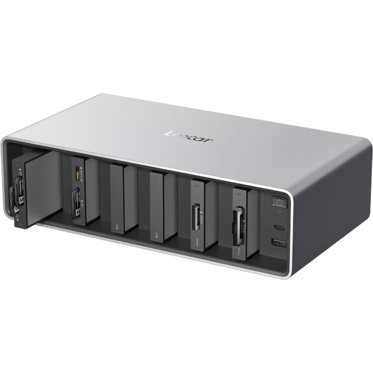 Lexar Workflow Go docking station with Thunderbolt 4 uplink and six-module bay for versatile data transfer and device connectivity.