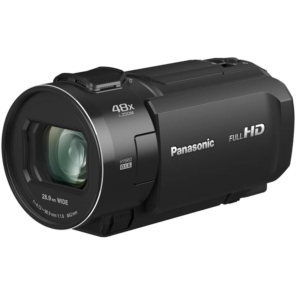 Panasonic HC-V900 camcorder with flip-out screen and 4K recording capabilities, shown from the front angle.