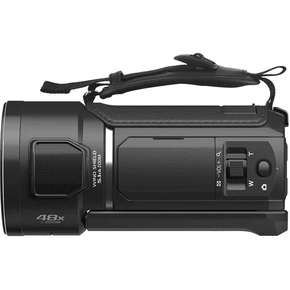 Panasonic HC-V900 camcorder with black body, lens, and grip, ready for high-quality video recording.