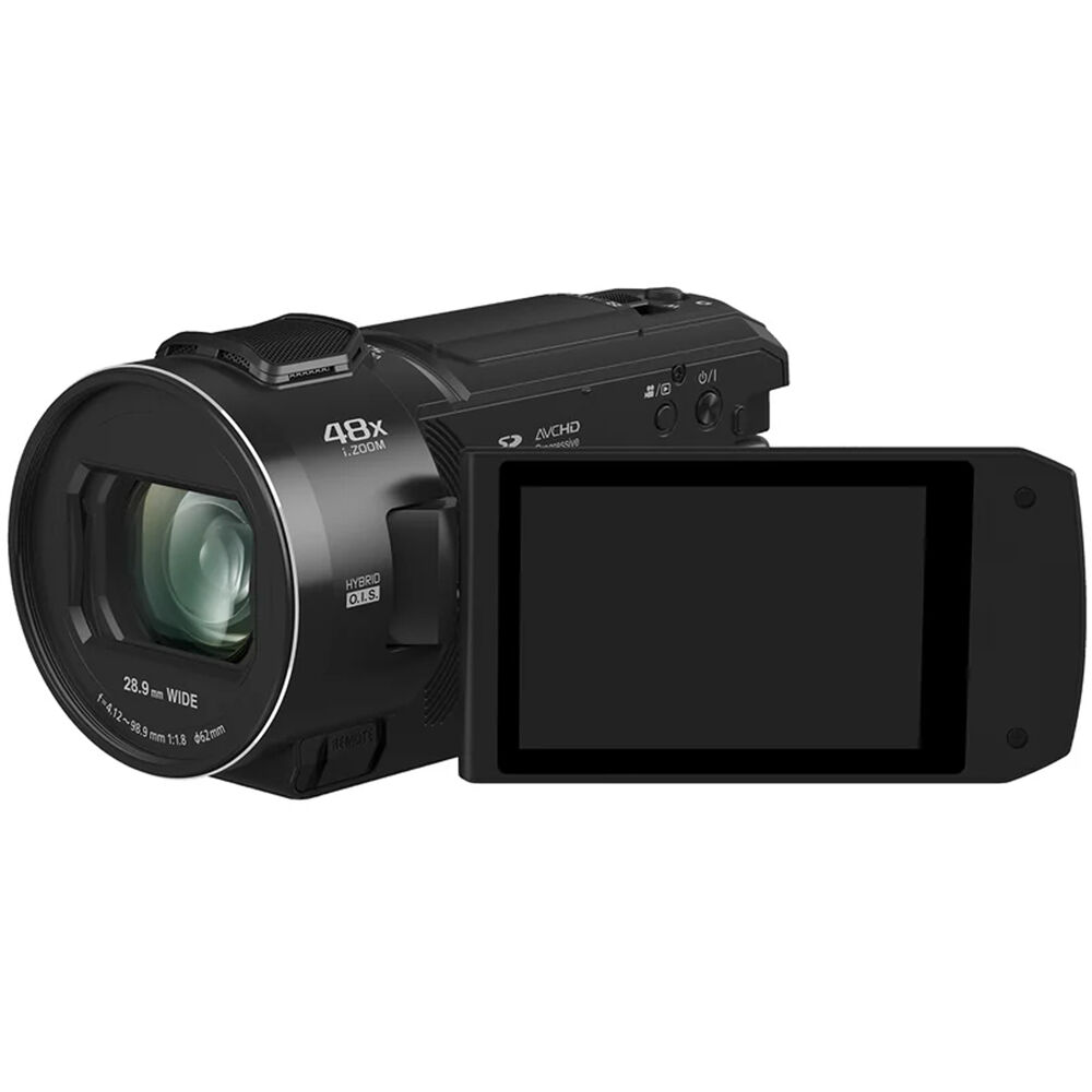 Panasonic HC-V900 camcorder with lens and flip-out screen, capturing high-definition video and professional-quality footage.