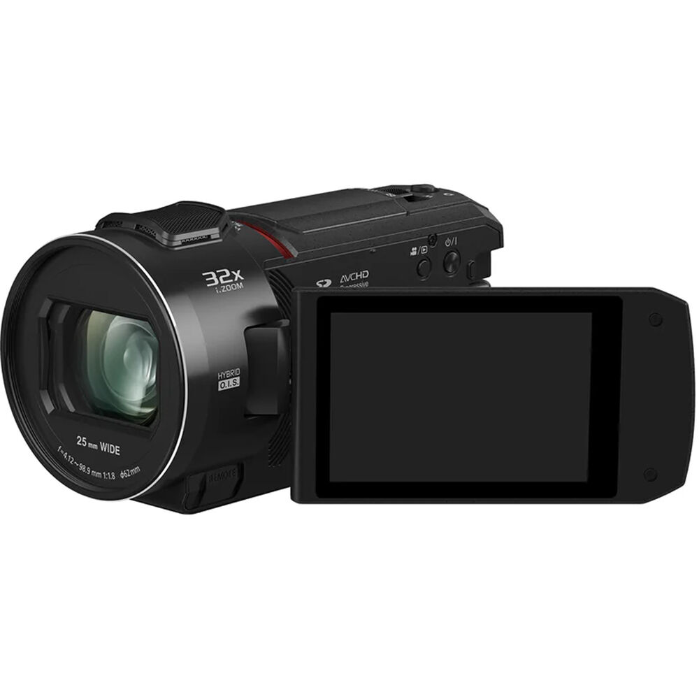 Panasonic HC-VX3 camcorder with 4K recording and handheld design, shown from the front with lens and control buttons visible.