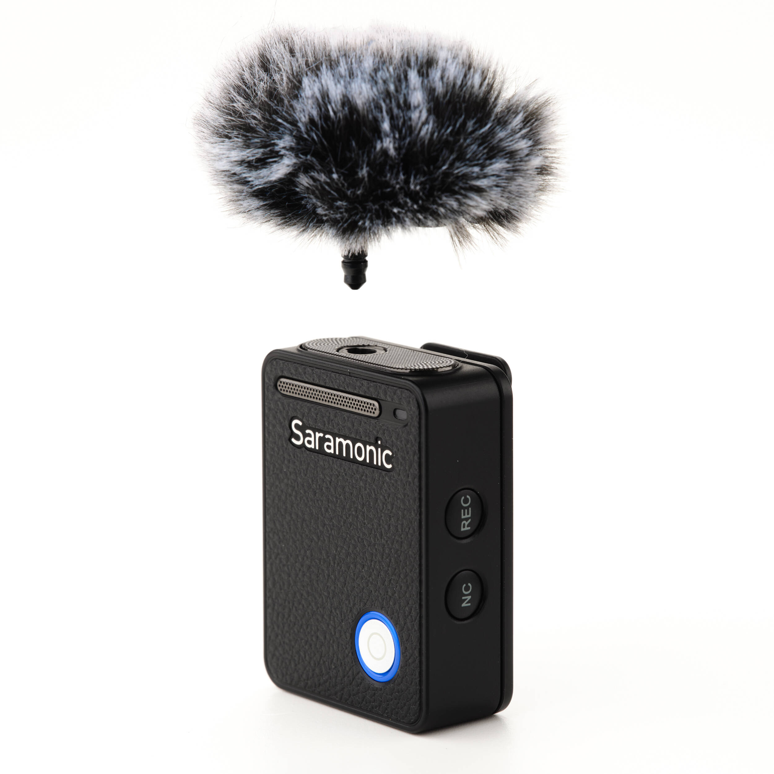 Wireless microphone system by Saramonic with Lavalier microphones, designed for creators, shown with transmitter and receiver units.
