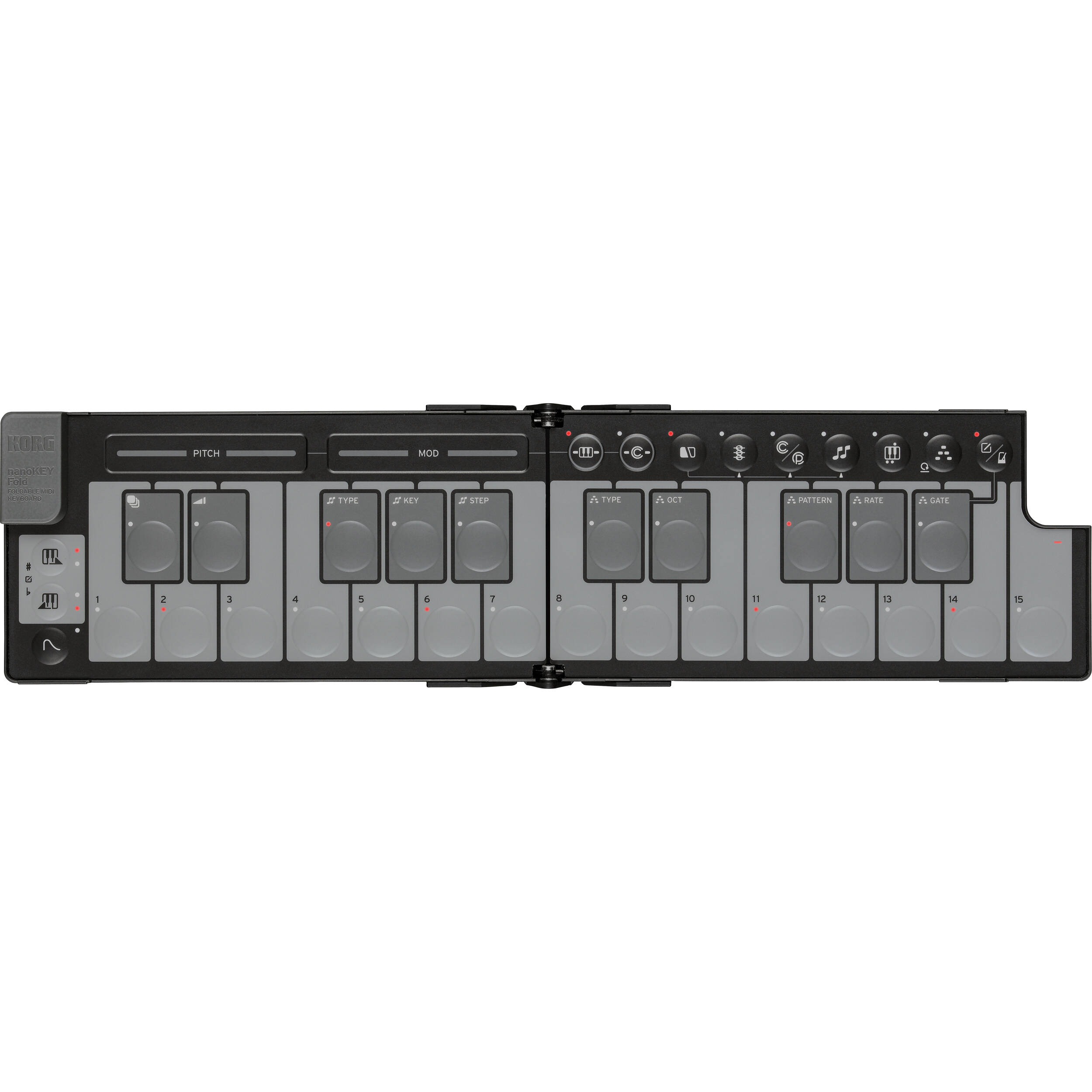 Black Korg nanoKEY Fold MIDI controller with compact, foldable design and key layout for music sequencing and music production.