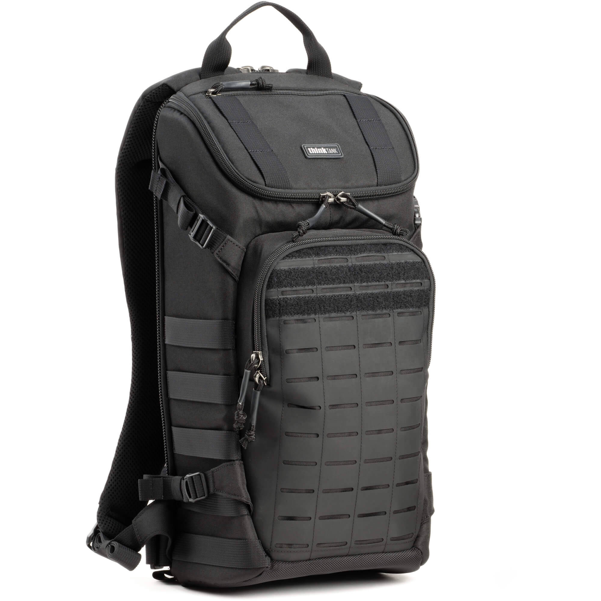 Think Tank DarkLight video equipment bag with padded compartments and sturdy handle for professional gear storage and transport.