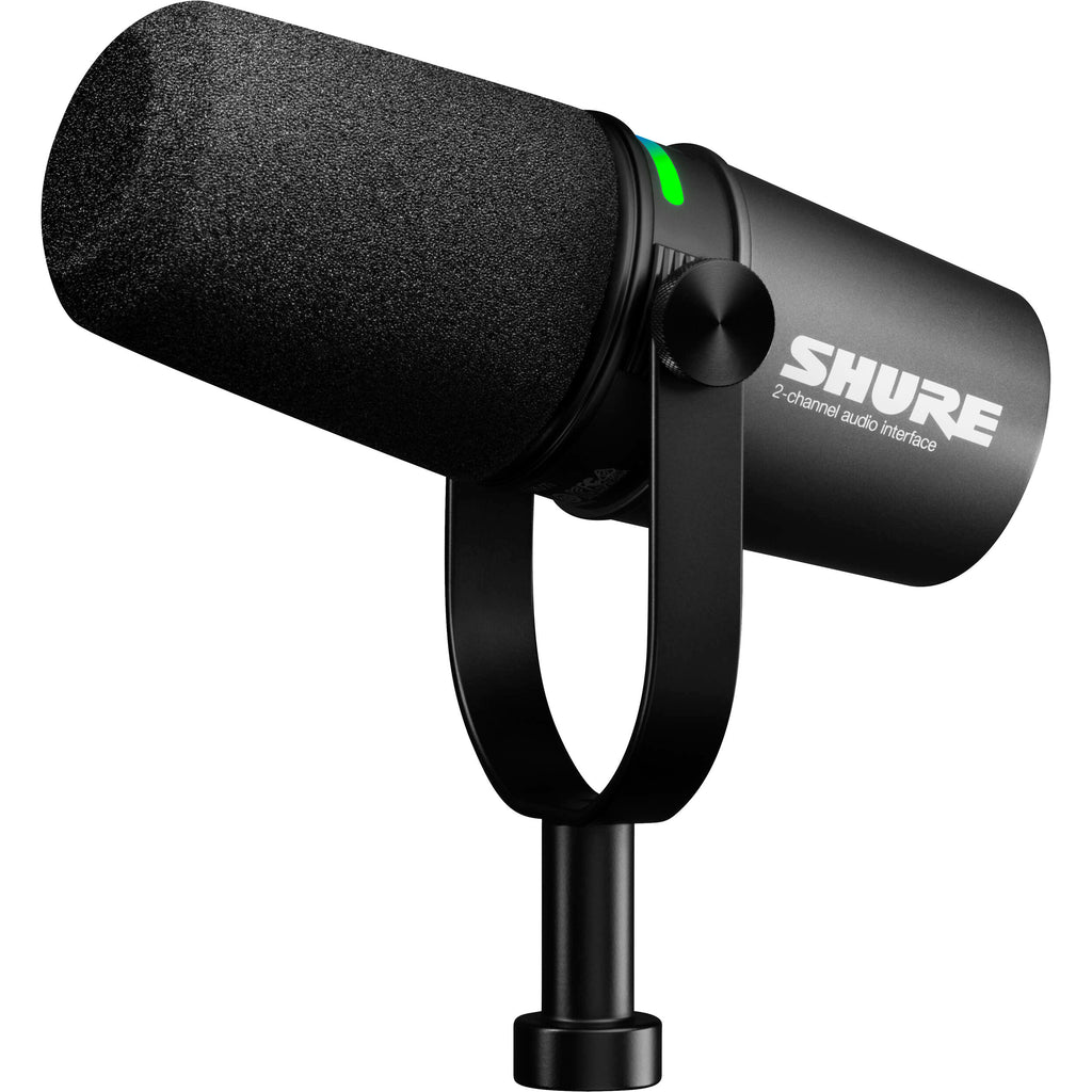 Shure MV7i USB microphone with black body and adjustable stand, designed for professional podcast and streaming use.