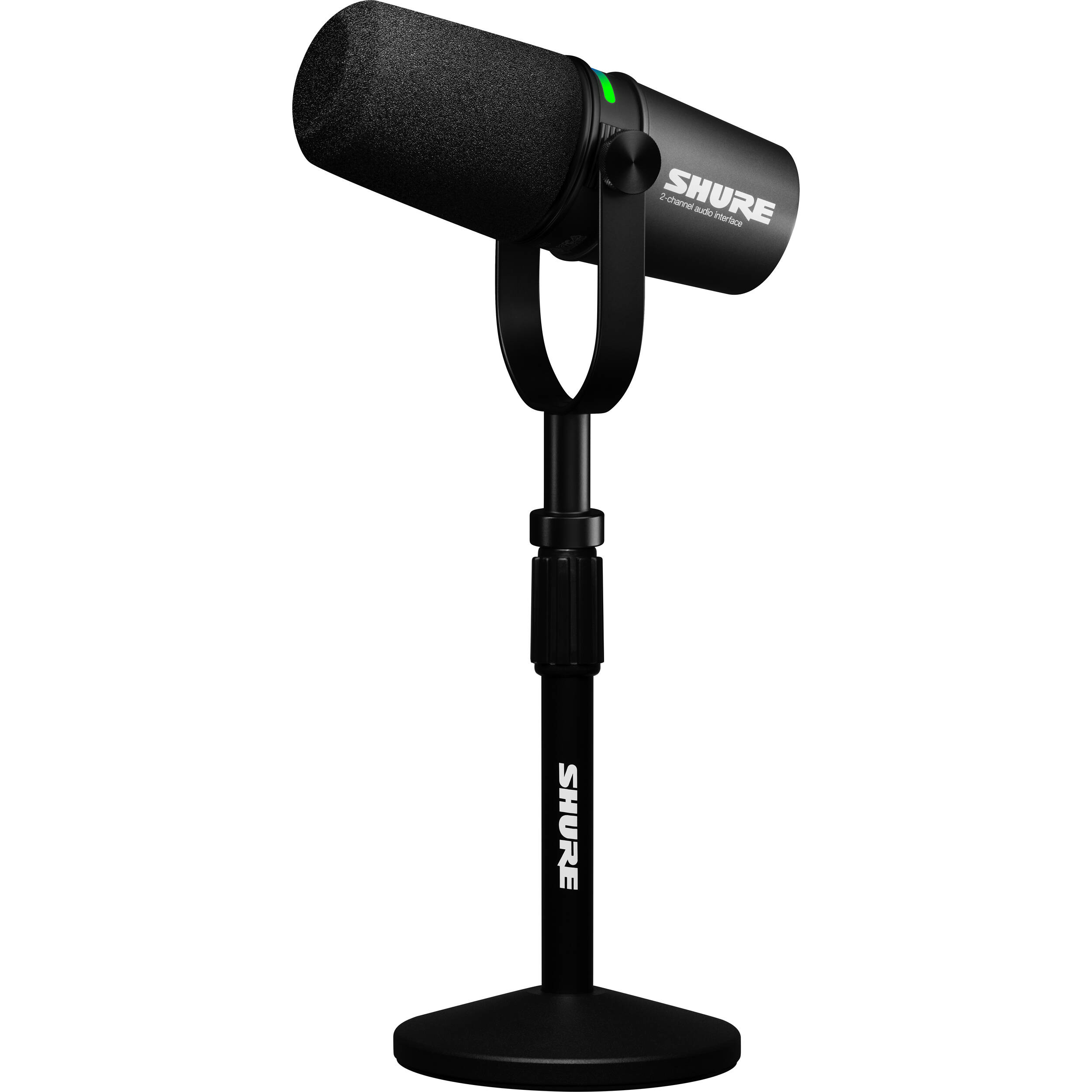 Shure MV7i USB microphone with black body and built-in controls, ideal for podcasting and streaming.