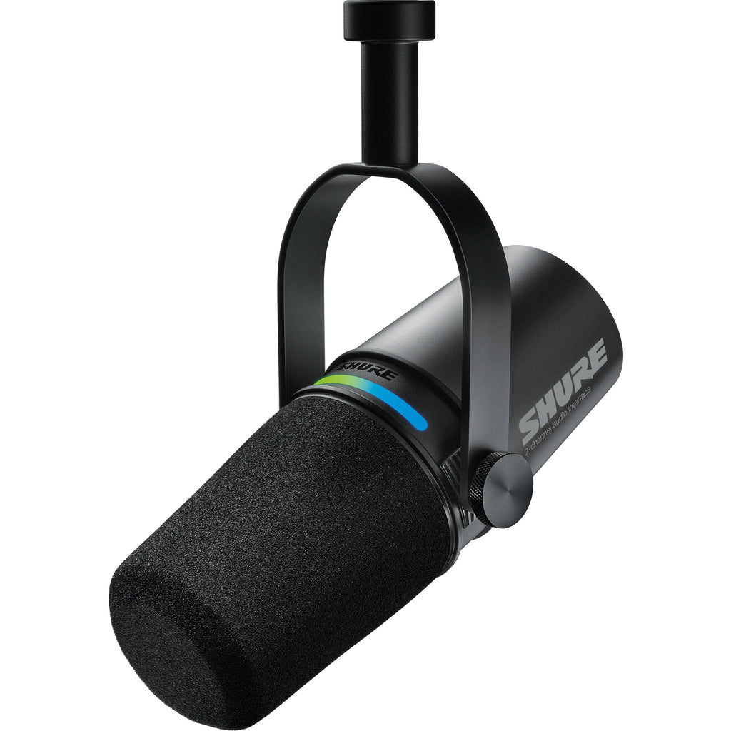 Shure MV7i USB microphone with black body and built-in controls, designed for podcasting and streaming.