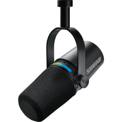 Shure MV7i USB microphone with black body and built-in controls, designed for podcasting and streaming.