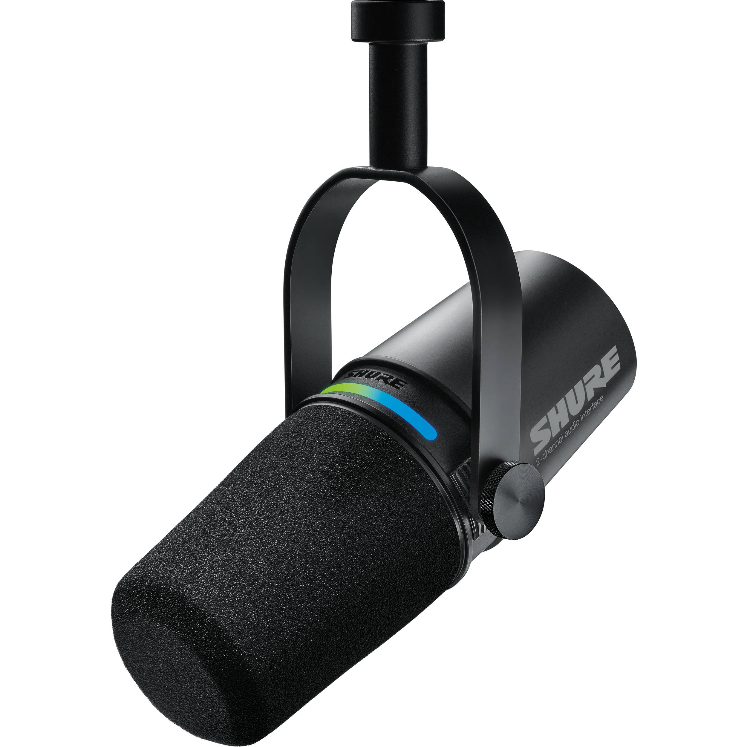 Shure MV7i USB microphone with black body and built-in controls, designed for podcasting and streaming.