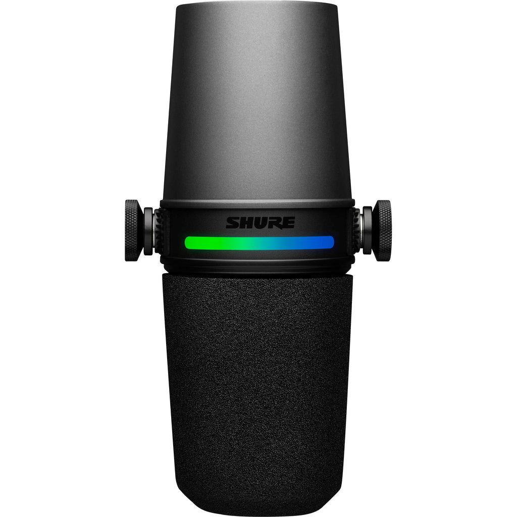 Shure MV7i USB microphone with black body and adjustable stand for professional audio recording and streaming.