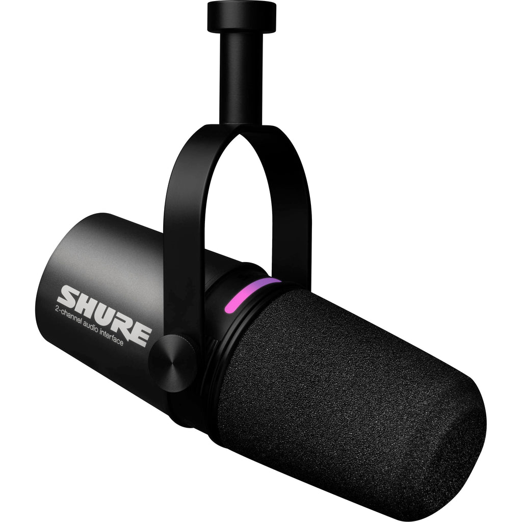 Shure MV7i USB microphone with adjustable stand and microphone capsule, ideal for podcasting and streaming.