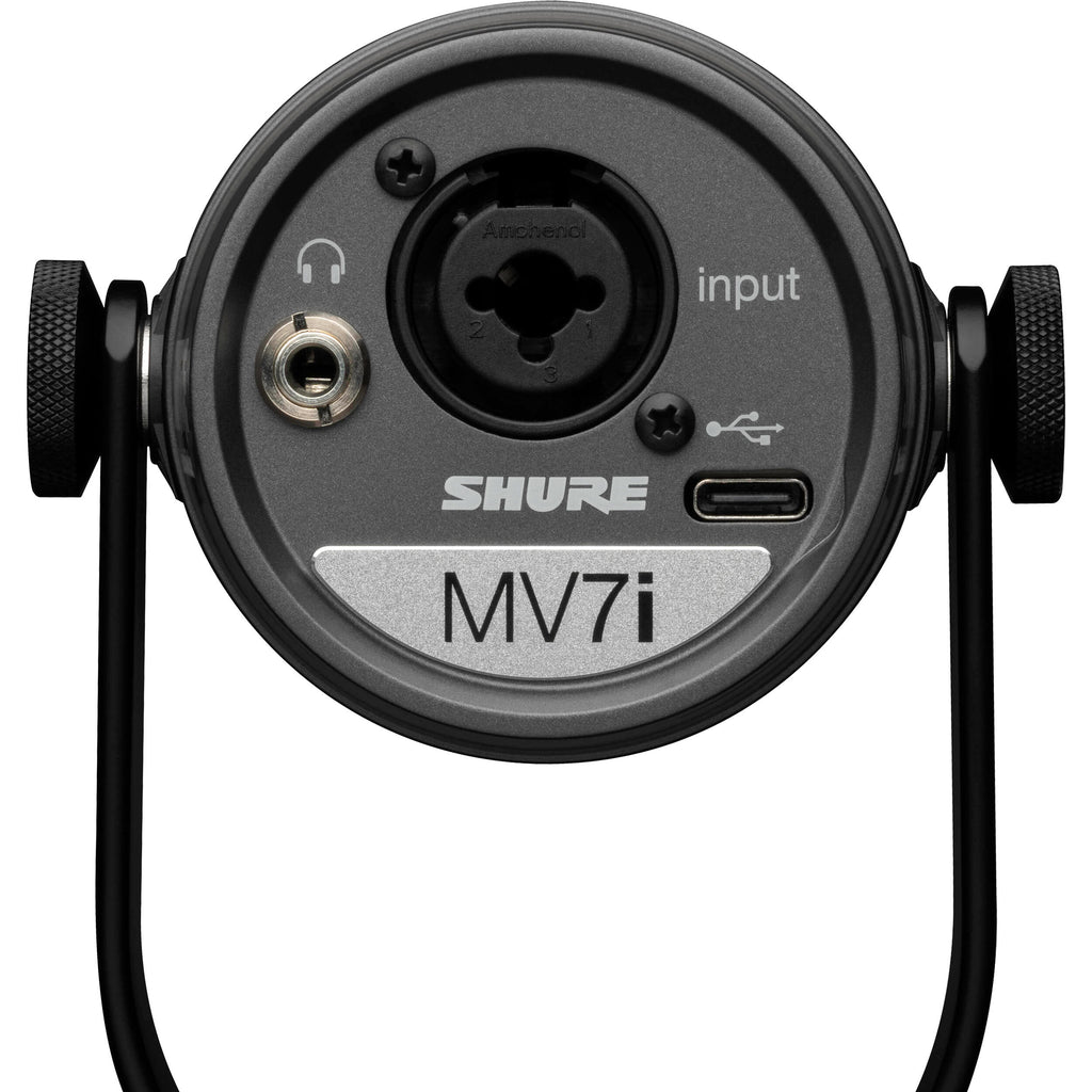 Shure MV7i USB microphone with black body and adjustable stand, ideal for podcasting and streaming.