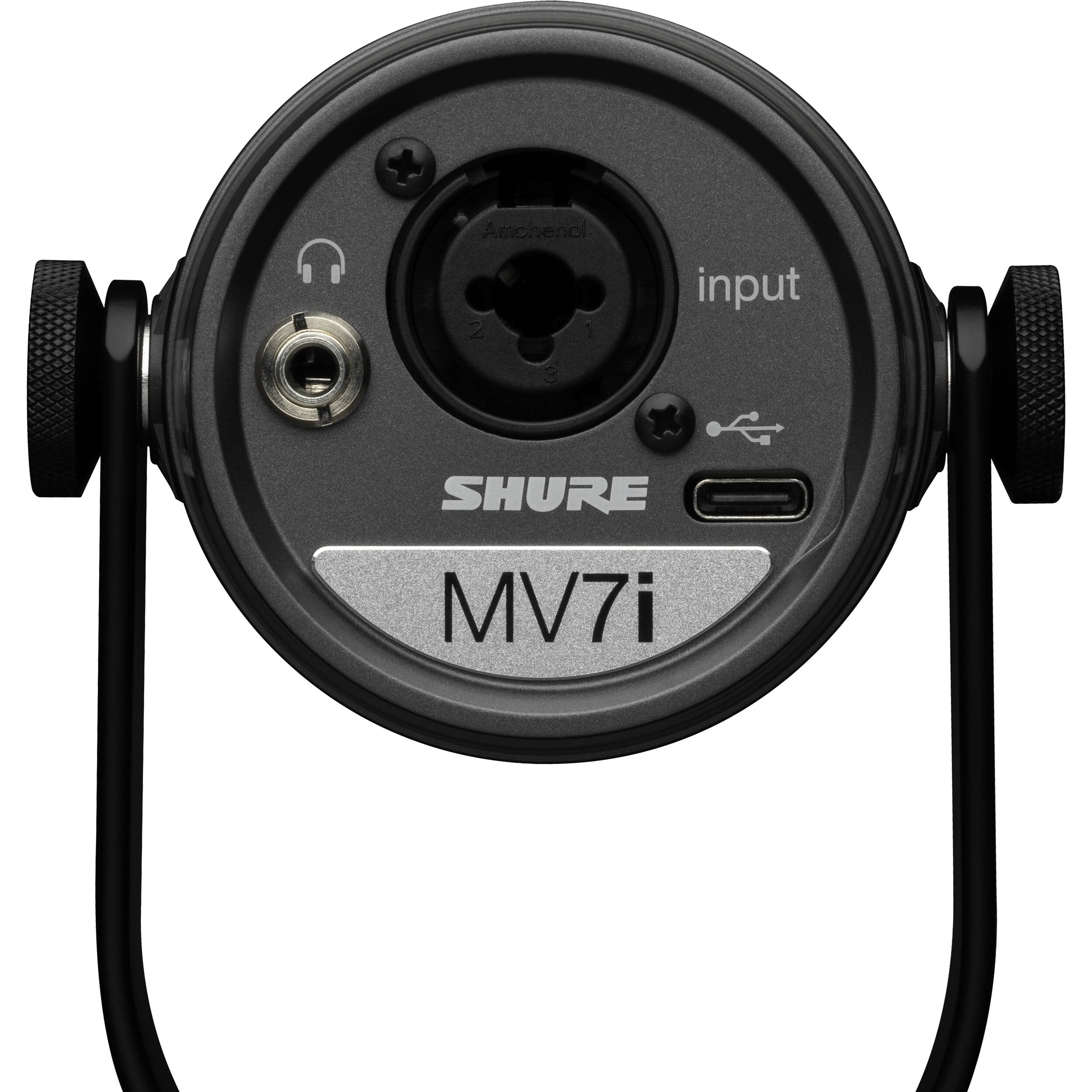 Shure MV7i USB microphone with black body and adjustable stand, ideal for podcasting and streaming.