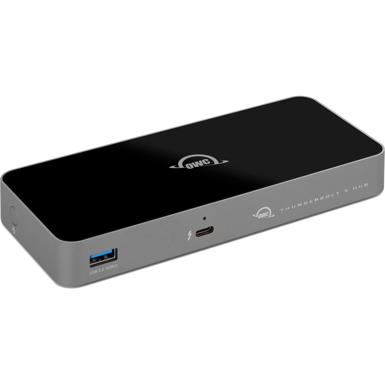 OWC Thunderbolt 5 Hub docking station with multiple ports and sleek black design for high-speed data transfer and connectivity.