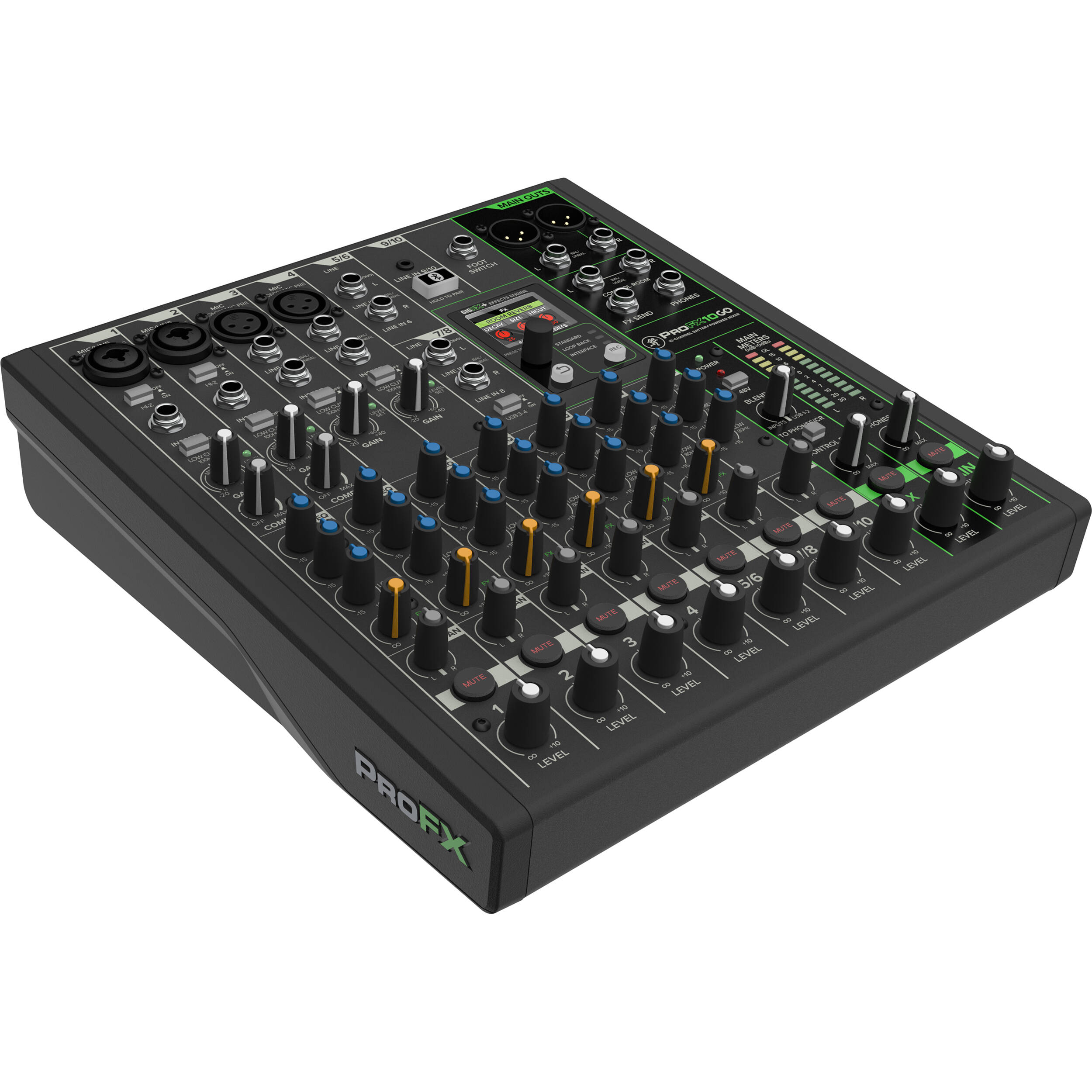 Mackie ProFX10 GO analog mixer with multiple input channels, knobs, and audio controls in a professional compact design.