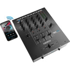 Reloop RMX-30 BT DJ mixer with multiple knobs and faders, professional audio equipment for mixing and DJ performances