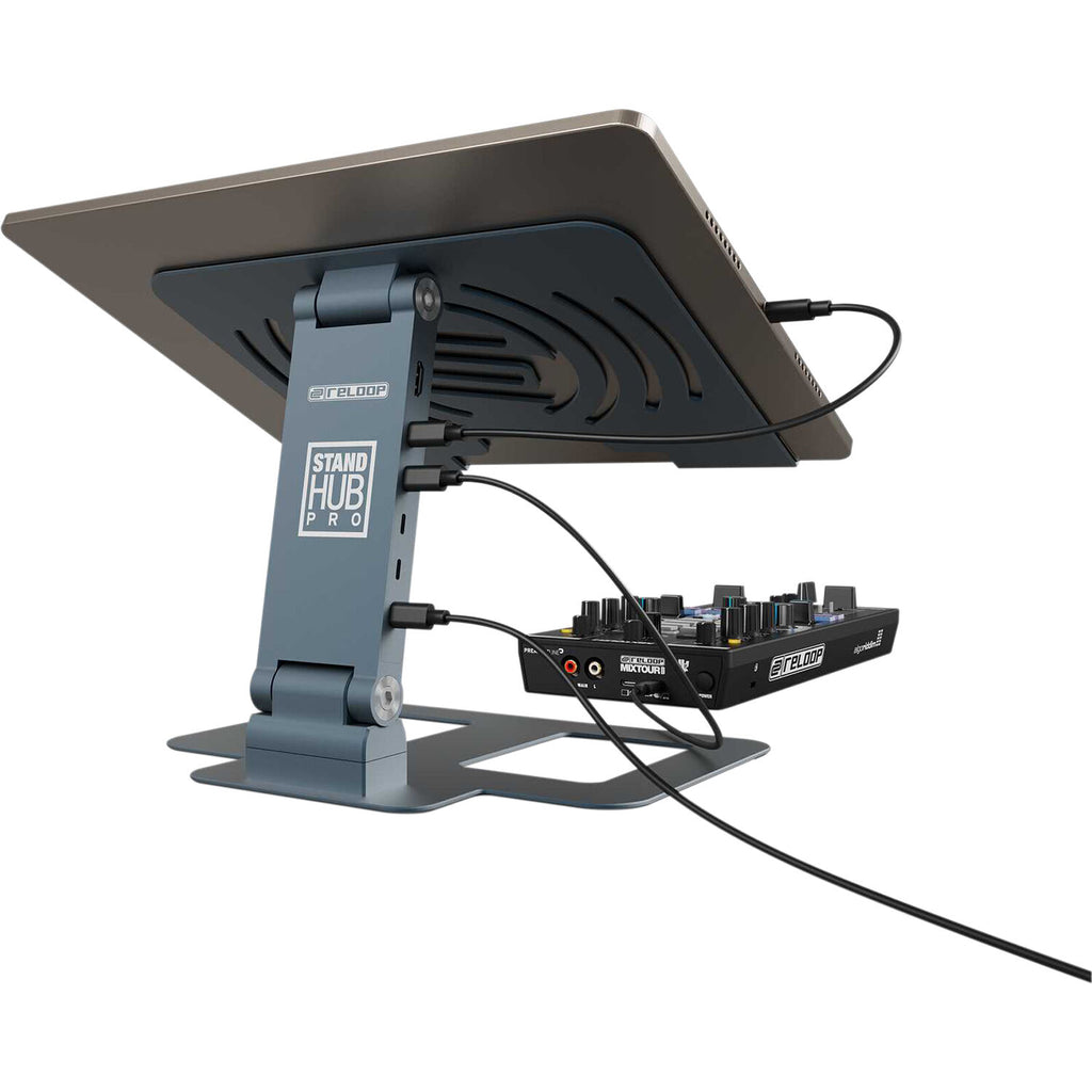 Reloop Stand Hub Pro laptop stand with adjustable height and sturdy design for ergonomic workspace setup.