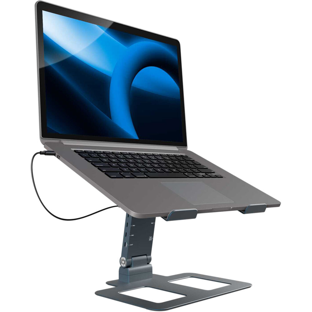 Reloop Stand Hub Pro laptop stand with adjustable arms and ventilation for enhanced workspace organization and cooling.