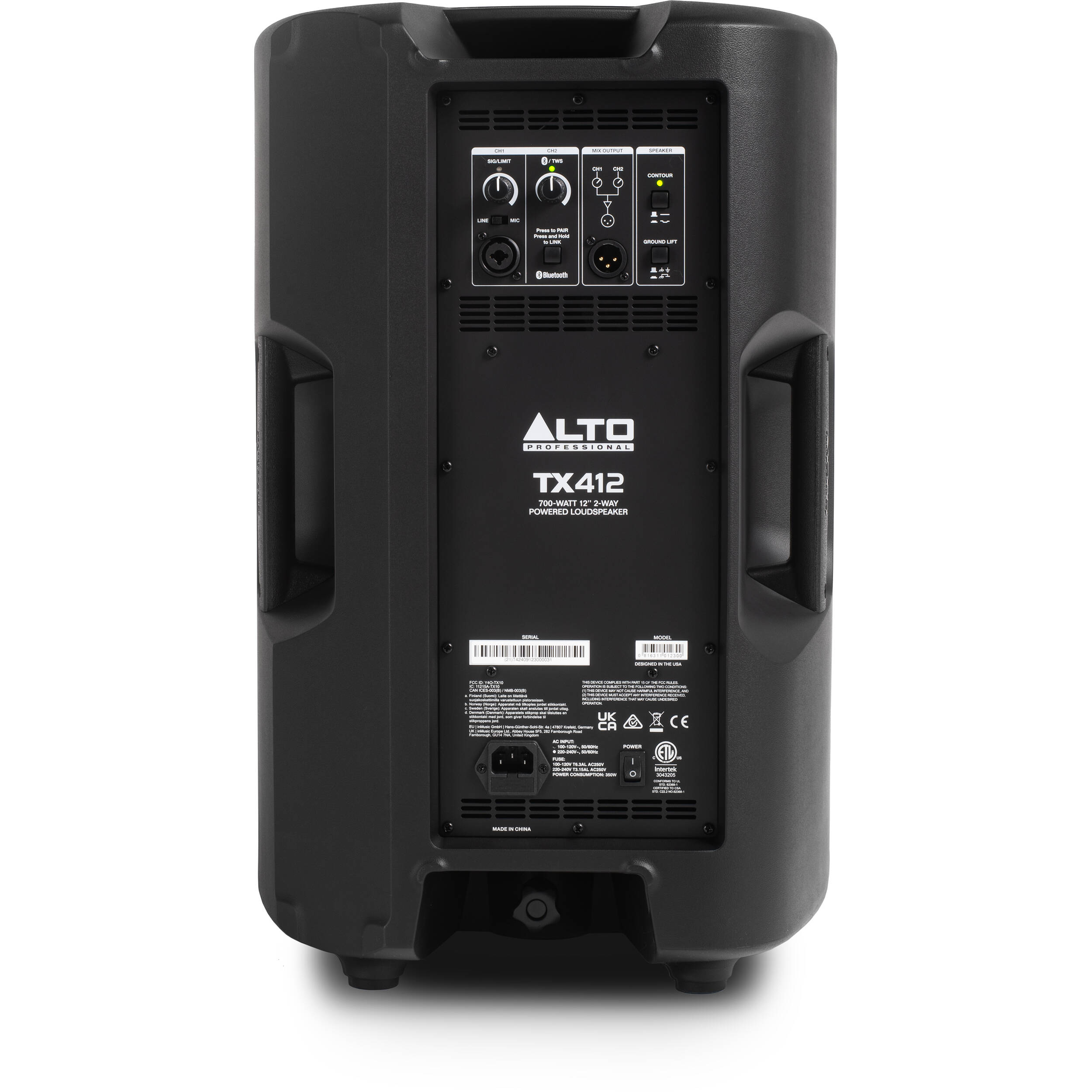 Alto Professional TX412 PA speaker system with rugged enclosure and control panel, designed for professional sound reinforcement.