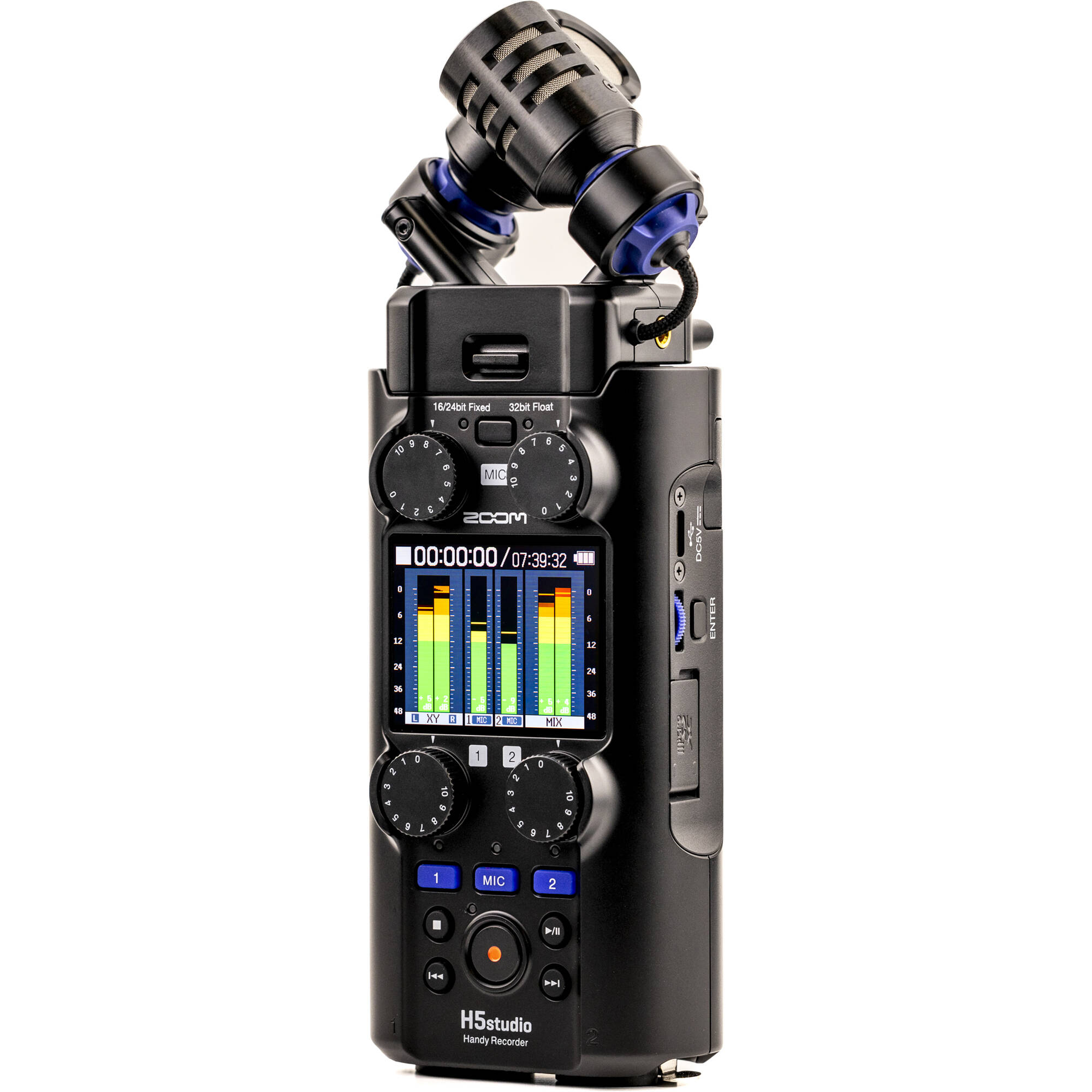Zoom H5 digital recorder with multiple input jacks and handheld design, ideal for professional audio recording.