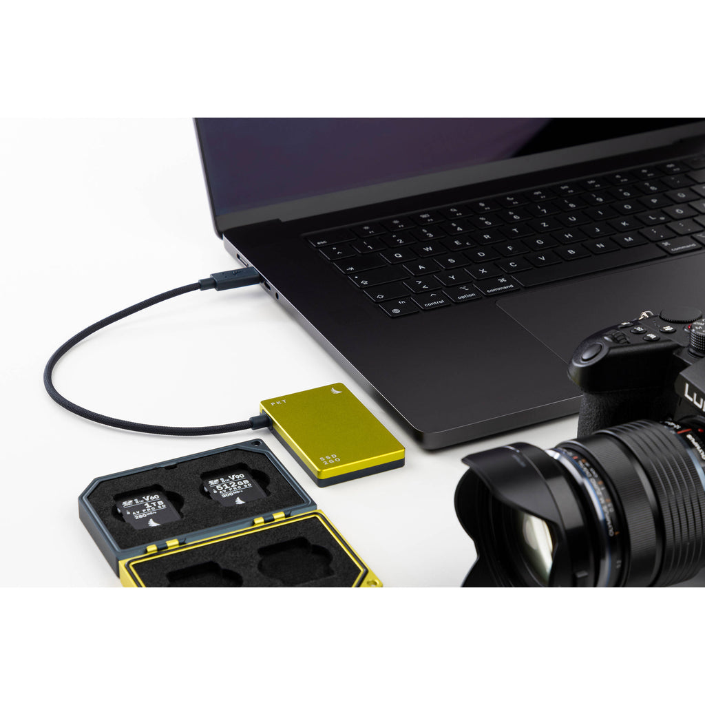 Angelbird SSD2GO PKT portable external SSD drive showing sleek black design and compact size for fast data storage.