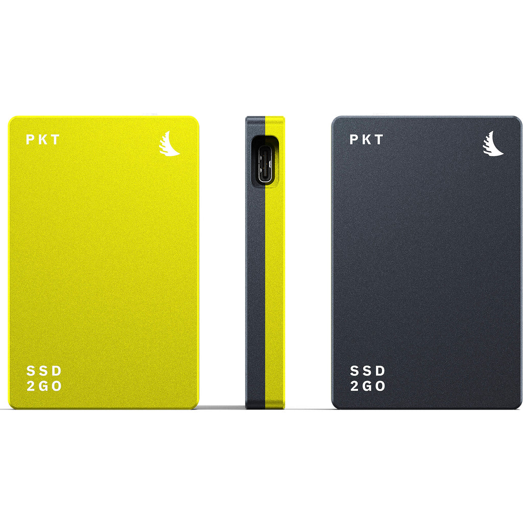 Angelbird SSD2GO PKT portable external SSD drive with black casing and USB connection for high-speed data storage.