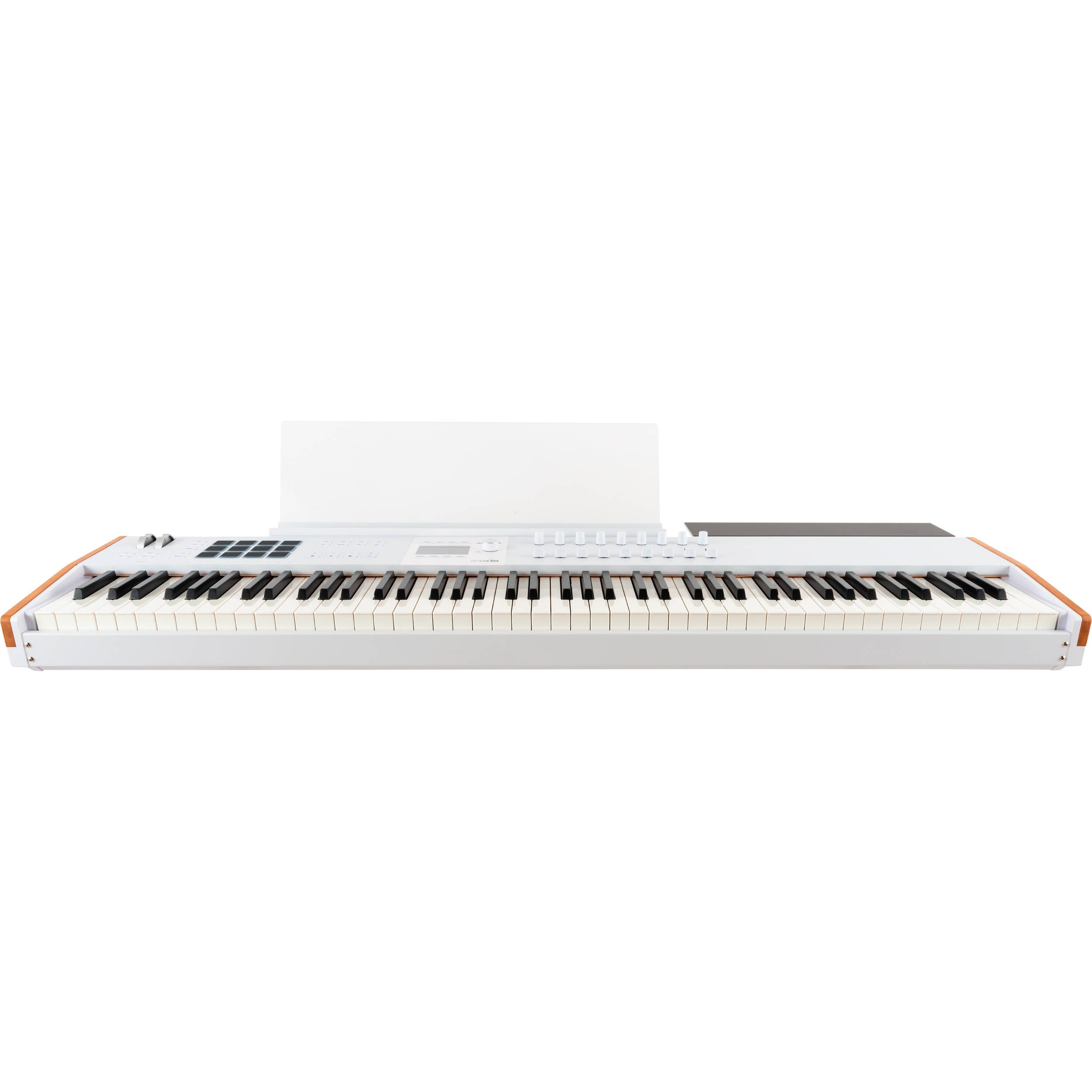 Arturia KeyLab 88 MK3 MIDI keyboard with black and gray keys, control knobs, and buttons on a music production setup.