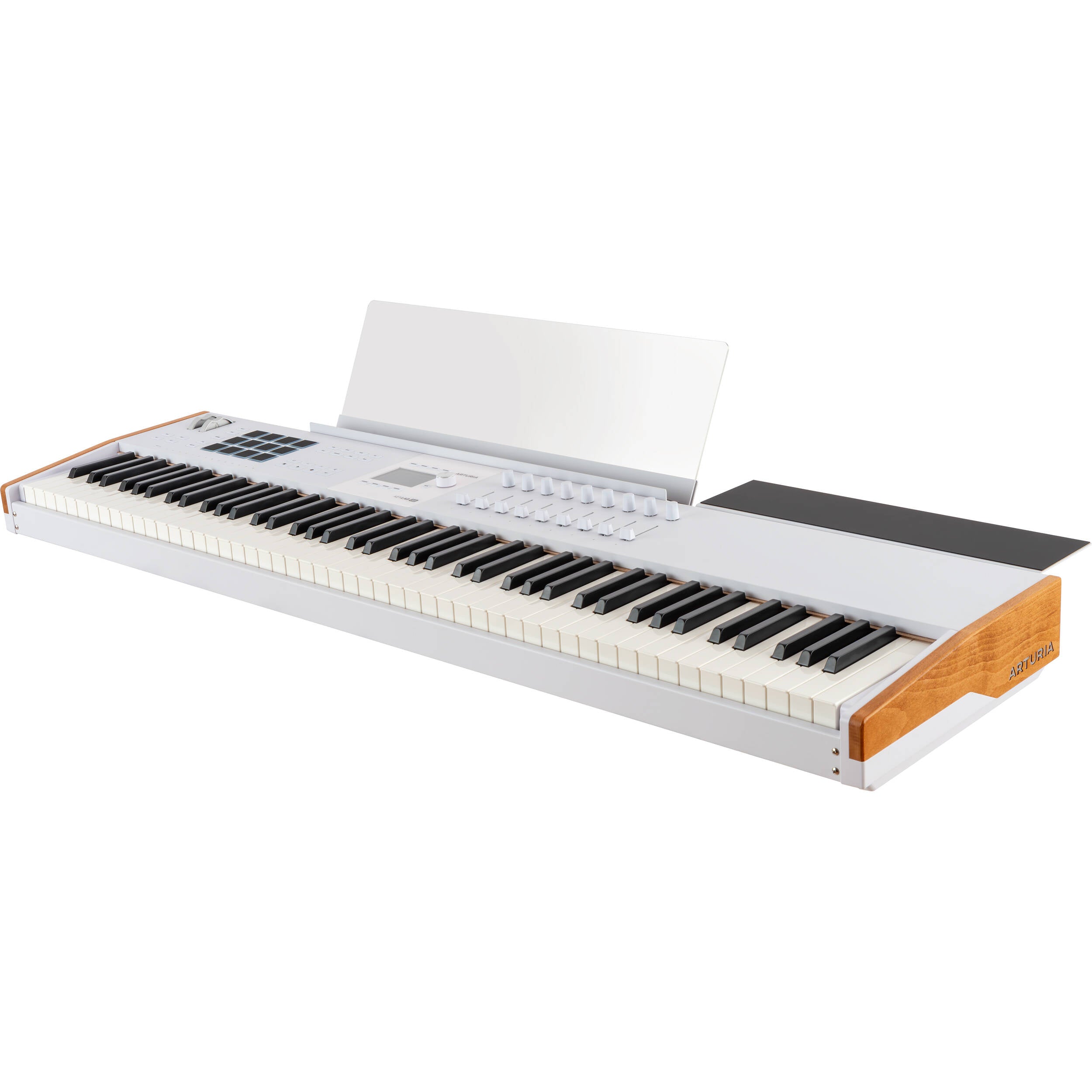 Arturia KeyLab 88 MK3 MIDI keyboard with black keys and control knobs, showing front view with keys and interface.