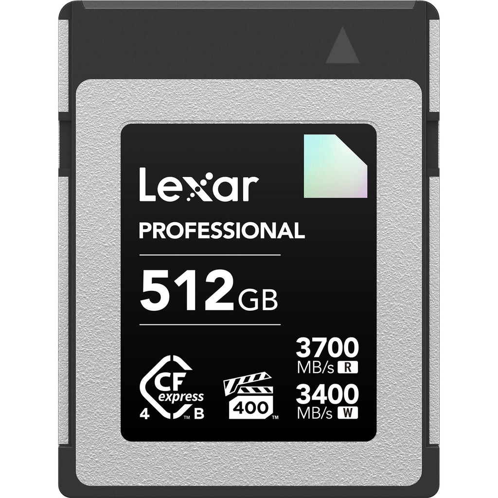 Lexar CFexpress Pro Diamond memory card with R3700/W3400 speed ratings, showcasing its sleek design and branding.