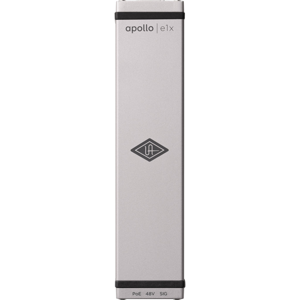 Universal Audio Apollo e1x microphone preamps with sleek design and multiple input options displayed in image.