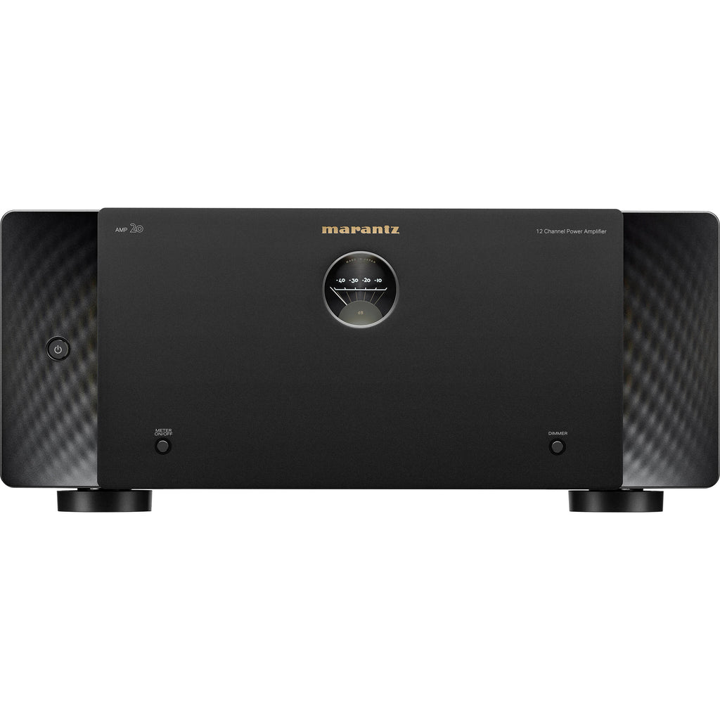 Marantz AMP 20 stereo amplifier showing front panel with knobs and display, black finish, and various input controls.
