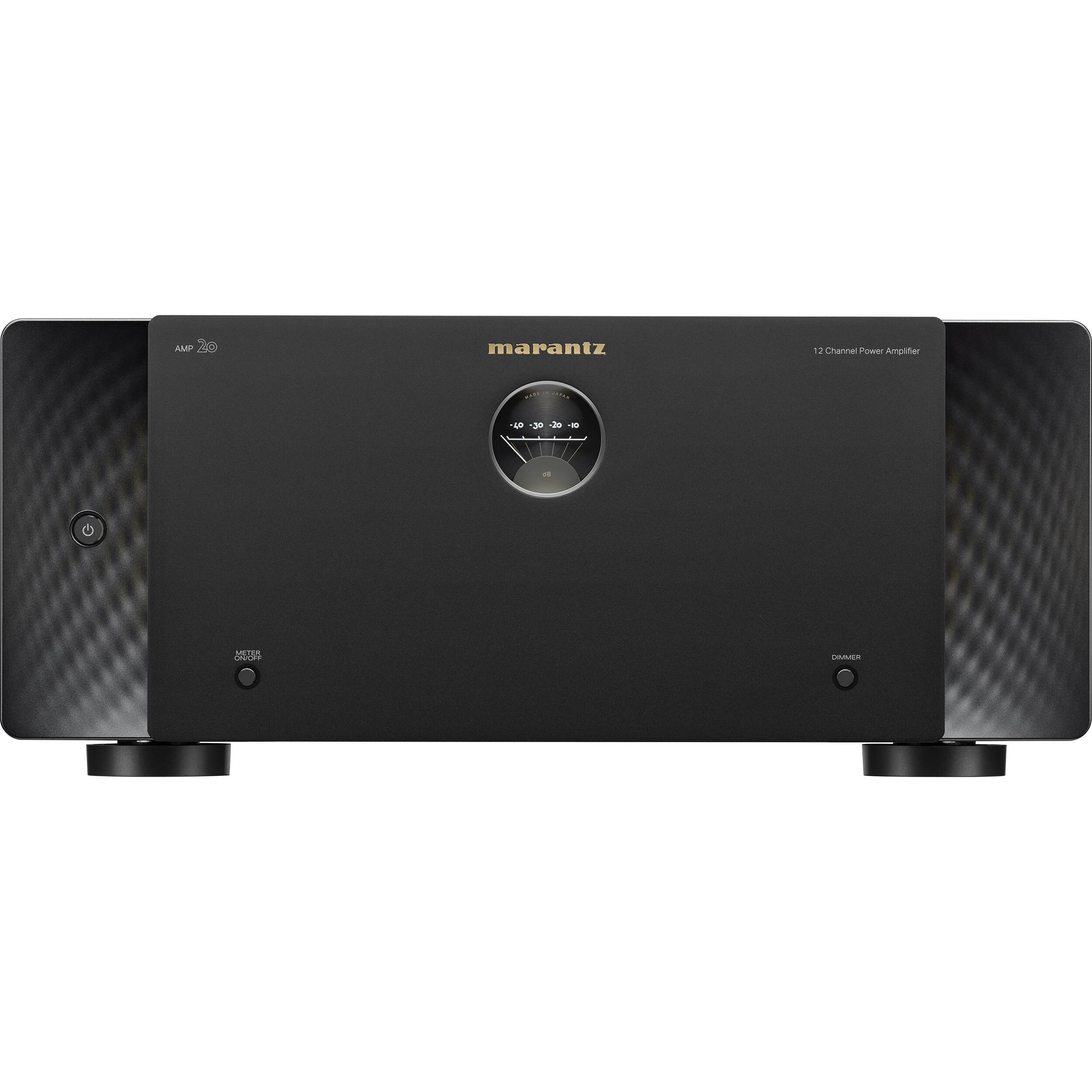 Marantz AMP 20 stereo amplifier showing front panel with knobs and display, black finish, and various input controls.