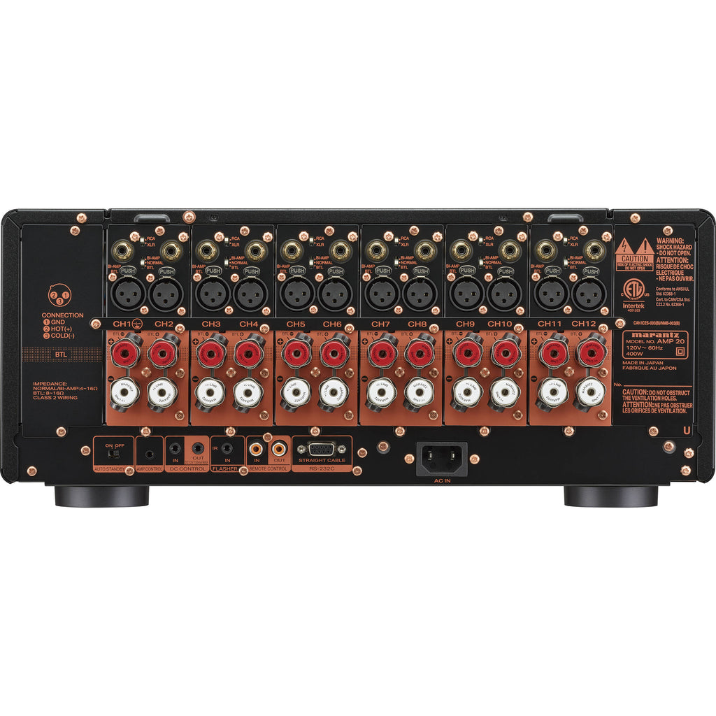 Marantz AMP 20 stereo amplifier with sleek design, audio controls, and input ports visible on the front panel.