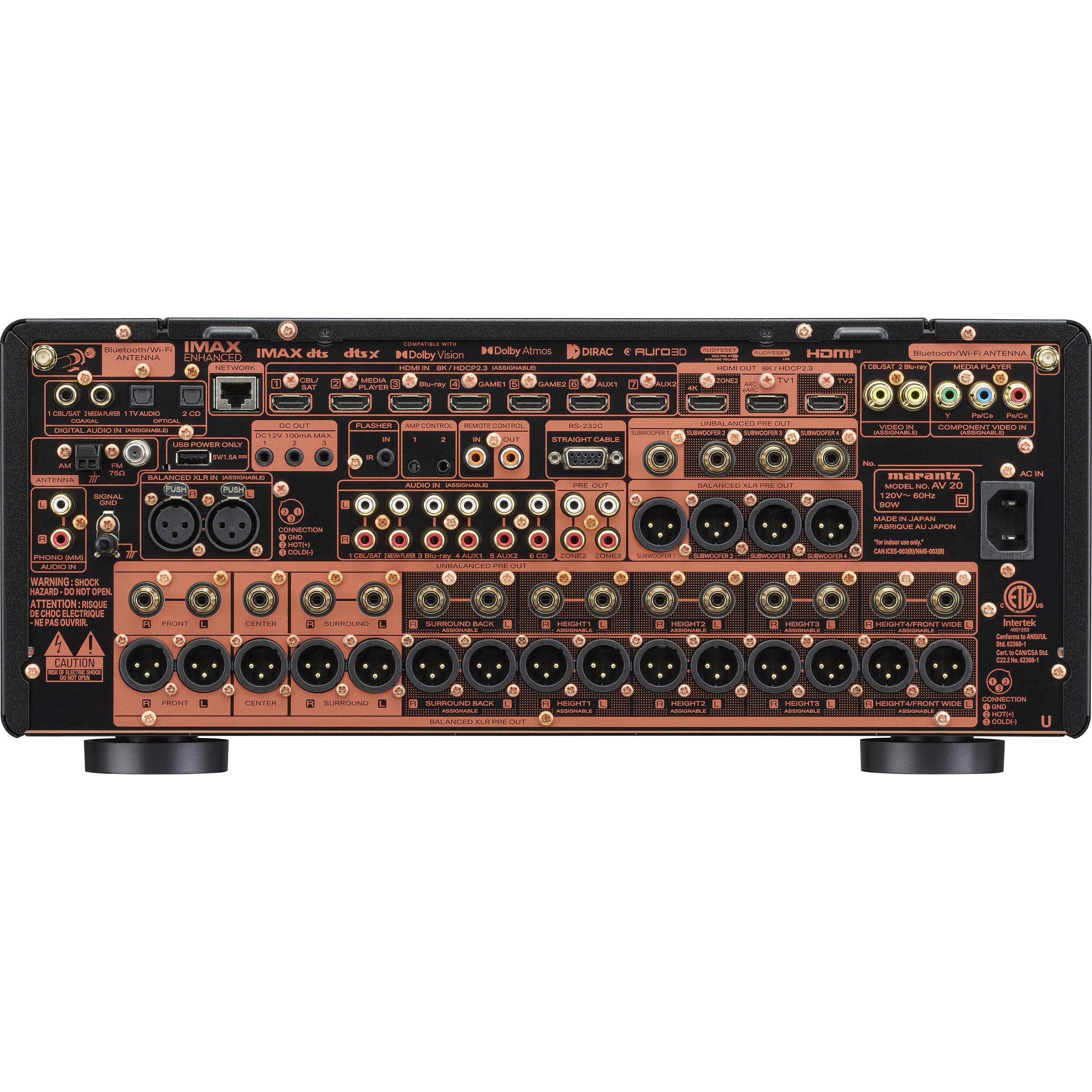 Marantz AV 20 stereo amplifier with sleek black front panel, control knobs, and display screen for high-quality audio performance.
